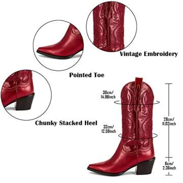 Mattiventon Cowgirl Boots for Women Vintage Embroidery Cowboy Boots Pull on Mid Calf Western Boots