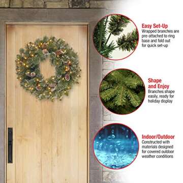 National Tree Company Pre-Lit Artificial Christmas Wreath, Green, Glittery Pine, White Lights, Decorated with Pine Cones, Frosted Branches, Christmas Collection, 24 Inches