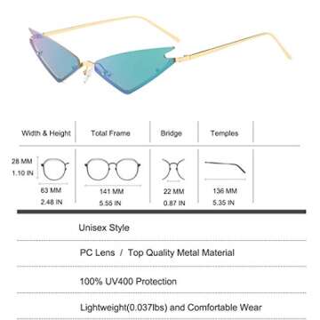 Armear Small Cateye Sunglasses Futuristic Rimless Mirrored Lens Colored Green 63mm