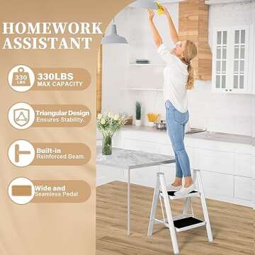 HBTower Step Ladder, Step Ladder Folding Step Stool, Portable Sturdy Steel Ladder Stool for Adults with Anti-Slip Wide Pedals Home Outdoor Kitchen, White