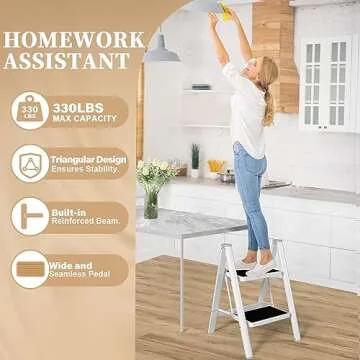 HBTower Step Ladder, Step Ladder Folding Step Stool, Portable Sturdy Steel Ladder Stool for Adults with Anti-Slip Wide Pedals Home Outdoor Kitchen, White