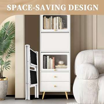 HBTower Step Ladder, Step Ladder Folding Step Stool, Portable Sturdy Steel Ladder Stool for Adults with Anti-Slip Wide Pedals Home Outdoor Kitchen, White