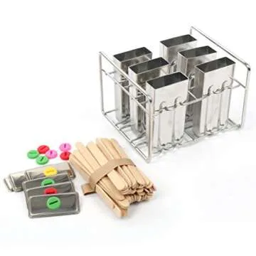 Yaekoo Set of 6 Stainless Steel Popsicle Mold and Rack Set - Homemade Ice Treat Makerwith 50 Wooden Sticks and 6 Silicone Seals and Bonus Cleaning Brush