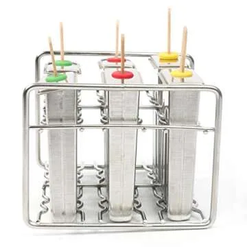 Yaekoo Set of 6 Stainless Steel Popsicle Mold and Rack Set - Homemade Ice Treat Makerwith 50 Wooden Sticks and 6 Silicone Seals and Bonus Cleaning Brush