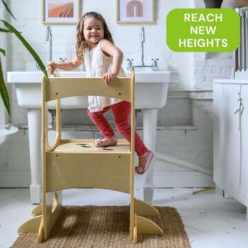 Little Partners Kids Learning Tower Adjustable Height Kitchen Step Stool for Toddlers, Encourages Learning, Independence, and Engagement, Safety Climbing Tower for Kitchen Counter (Natural)
