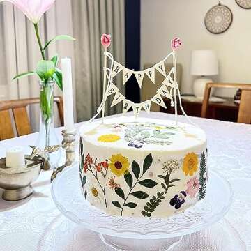 Handmade Happy Birthday Cake Bunting Topper with Pink Rose - Ivory Cotton