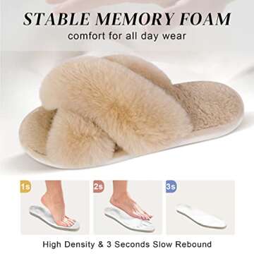 Parlovable Women's Fuzzy Slippers Comfy Cross Band House Shoes Memory Foam Open Toe Indoor Gifts for Ladies Camel 5-6