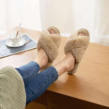 Parlovable Women's Fuzzy Slippers Comfy Cross Band House Shoes Memory Foam Open Toe Indoor Gifts for Ladies Camel 5-6
