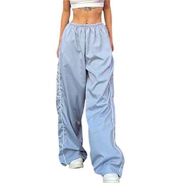 Baynoyia Women Side Striped Track Pants Wide Leg Baggy Sweatpants Parachute Pants Y2K Cargo Pants Joggers Trousers Streetwear (Light Blue, M)