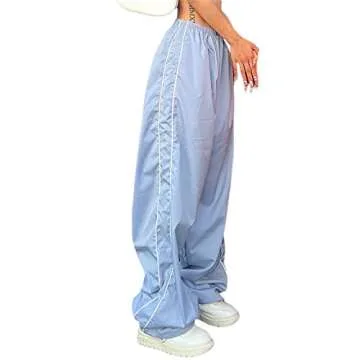 Baynoyia Women Side Striped Track Pants Wide Leg Baggy Sweatpants Parachute Pants Y2K Cargo Pants Joggers Trousers Streetwear (Light Blue, M)