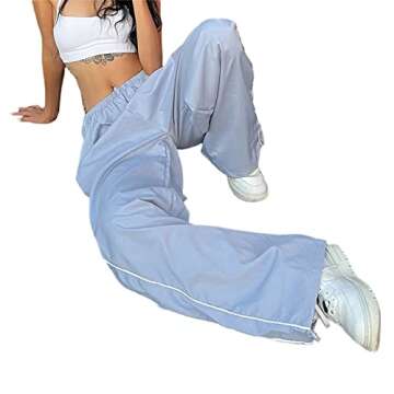 Baynoyia Women Side Striped Track Pants Wide Leg Baggy Sweatpants Parachute Pants Y2K Cargo Pants Joggers Trousers Streetwear (Light Blue, M)