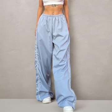Baynoyia Women Side Striped Track Pants Wide Leg Baggy Sweatpants Parachute Pants Y2K Cargo Pants Joggers Trousers Streetwear (Light Blue, M)