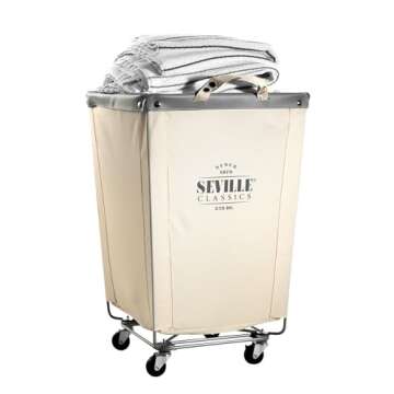 Seville Classics Large Commercial Heavy Duty Rolling Steel Frame Laundry Hamper Canvas Cart Bin, w/ Wheels for Hotel, Home, Closet, Bedroom (PATENTED), Cream, 18.1" D x 18.1" W