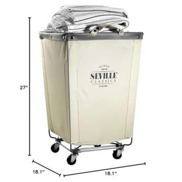Seville Classics Large Commercial Heavy Duty Rolling Steel Frame Laundry Hamper Canvas Cart Bin, w/ Wheels for Hotel, Home, Closet, Bedroom (PATENTED), Cream, 18.1" D x 18.1" W