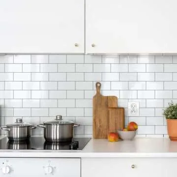 StyloVue 100 Pieces Peel and Stick Backsplash for Kitchen, 3" x 6" PVC Subway Tile 2025 Upgraded Glossy White with Dark Gray Grout Backsplash Stick on Tile Elevate Kitchen, Bathroom, Fireplace,RV
