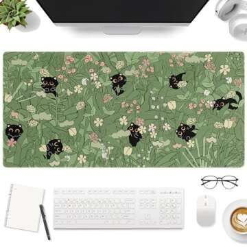 RUPRIO Green Desk Mat,Cute Cat Large Desk Pad Mat,Anime Cat Flower Mouse Pad,Large Mouse Pad for Des...