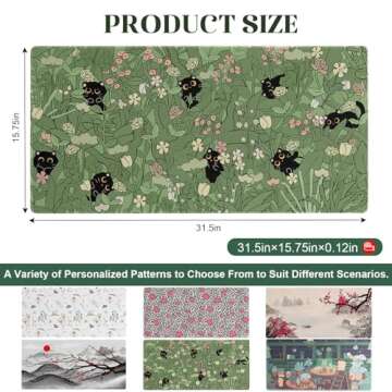 RUPRIO Green Desk Mat,Cute Cat Large Desk Pad Mat,Anime Cat Flower Mouse Pad,Large Mouse Pad for Desk Rubber Base Mousepad with Stitched Edges,Kawaii Desk Decor Home Office Accessories for Girl