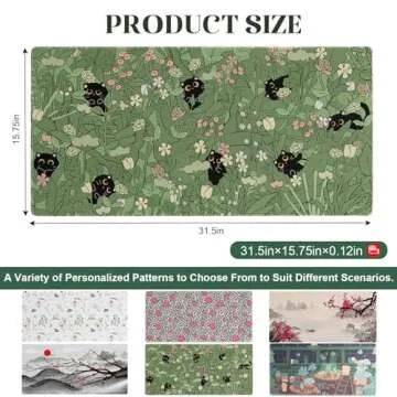 RUPRIO Green Desk Mat,Cute Cat Large Desk Pad Mat,Anime Cat Flower Mouse Pad,Large Mouse Pad for Desk Rubber Base Mousepad with Stitched Edges,Kawaii Desk Decor Home Office Accessories for Girl