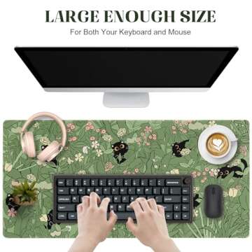 RUPRIO Green Desk Mat,Cute Cat Large Desk Pad Mat,Anime Cat Flower Mouse Pad,Large Mouse Pad for Desk Rubber Base Mousepad with Stitched Edges,Kawaii Desk Decor Home Office Accessories for Girl
