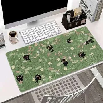 RUPRIO Green Desk Mat,Cute Cat Large Desk Pad Mat,Anime Cat Flower Mouse Pad,Large Mouse Pad for Desk Rubber Base Mousepad with Stitched Edges,Kawaii Desk Decor Home Office Accessories for Girl