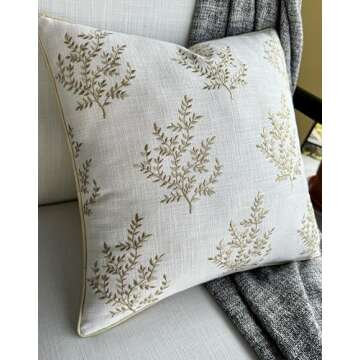 VAGMINE Hand Crafted Embroidered Cotton Square Decorative Accent Throw Pillow Cover - for Master Bedroom, New Home, Anniversary, Farmhouse, Couch, Sofa - Leaves-Ivory, 18x18 Inches