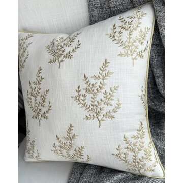 VAGMINE Hand Crafted Embroidered Cotton Square Decorative Accent Throw Pillow Cover - for Master Bedroom, New Home, Anniversary, Farmhouse, Couch, Sofa - Leaves-Ivory, 18x18 Inches