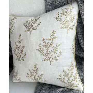 VAGMINE Hand Crafted Embroidered Cotton Square Decorative Accent Throw Pillow Cover - for Master Bedroom, New Home, Anniversary, Farmhouse, Couch, Sofa - Leaves-Ivory, 18x18 Inches