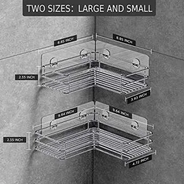 Nieifi Corner Shower Shelves Stainless Steel, Adhesive Shower Caddy Basket Rack with Hooks, Rust Proof for Bathroom Shelf Shampoo Holder (Silver, 2 Pack)