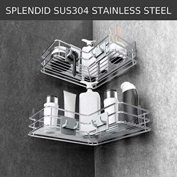 Nieifi Corner Shower Shelves Stainless Steel, Adhesive Shower Caddy Basket Rack with Hooks, Rust Proof for Bathroom Shelf Shampoo Holder (Silver, 2 Pack)