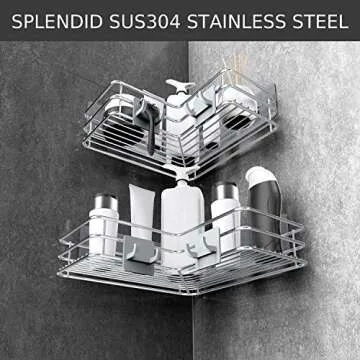 Nieifi Corner Shower Shelves Stainless Steel, Adhesive Shower Caddy Basket Rack with Hooks, Rust Proof for Bathroom Shelf Shampoo Holder (Silver, 2 Pack)