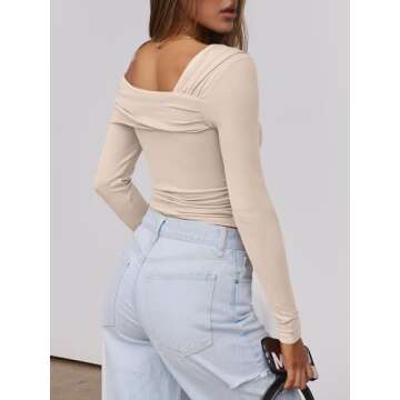 ANRABESS Womens One Off Shoulder Shirts Long Sleeve Going Out Crop Tops Ruched Tight Casual Blouse 2024 Trendy Almond Medium