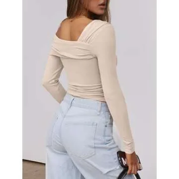 ANRABESS Womens One Off Shoulder Shirts Long Sleeve Going Out Crop Tops Ruched Tight Casual Blouse 2024 Trendy Almond Medium