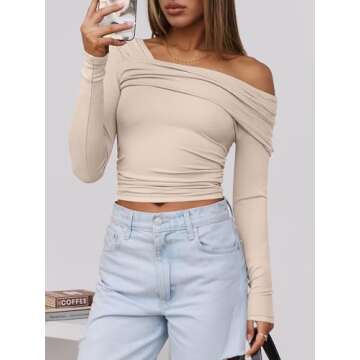 ANRABESS Womens One Off Shoulder Shirts Long Sleeve Going Out Crop Tops Ruched Tight Casual Blouse 2024 Trendy Almond Medium