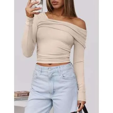 ANRABESS Womens One Off Shoulder Shirts Long Sleeve Going Out Crop Tops Ruched Tight Casual Blouse 2024 Trendy Almond Medium