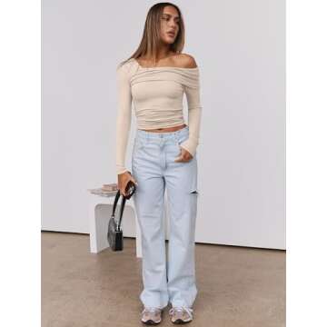 ANRABESS Womens One Off Shoulder Shirts Long Sleeve Going Out Crop Tops Ruched Tight Casual Blouse 2024 Trendy Almond Medium