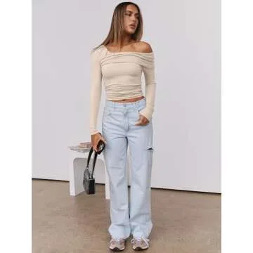 ANRABESS Womens One Off Shoulder Shirts Long Sleeve Going Out Crop Tops Ruched Tight Casual Blouse 2024 Trendy Almond Medium