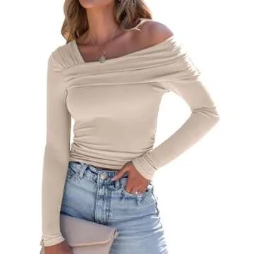 ANRABESS Womens One Off Shoulder Shirts Long Sleeve Going Out Crop Tops Ruched Tight Casual Blouse 2024 Trendy Almond Medium