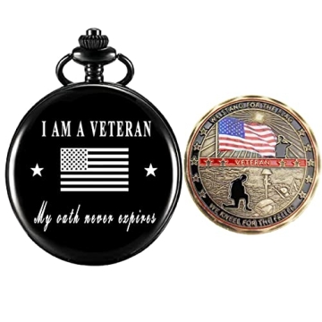 Jofanvin Military Pocket Watch & Challenge Coin Gift Set