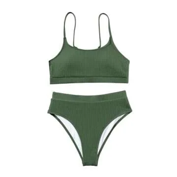 Lilosy Petite High Waisted Tummy Control Bikini Ribbed Sporty Brazilian Swimsuit Set Women Highwaisted Cheeky Cut Leg Rise Bottom Crop Push Up Top 2 Piece Bathing Suit Green X-Small