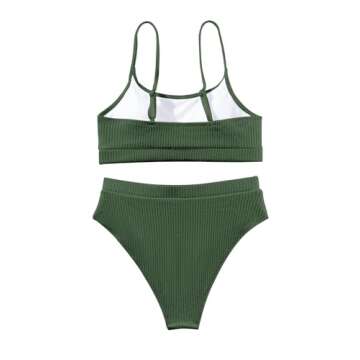 Lilosy Petite High Waisted Tummy Control Bikini Ribbed Sporty Brazilian Swimsuit Set Women Highwaisted Cheeky Cut Leg Rise Bottom Crop Push Up Top 2 Piece Bathing Suit Green X-Small