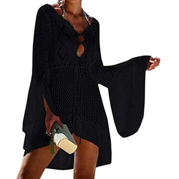 Wander Agio Beach Tops Sexy Floral Dresses Bikini Cover-ups Net Hollow Out Black