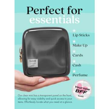 Embla Clear Cosmetic Bag Makeup Case, Clear Zipper Make Up Pouch and Toiletry Travel Tote, Cute Skincare Pouches for Women Girls, Preppy Purse Cosmetic Organizer, Mini Makeup Bags, Black