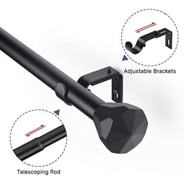 Black Curtain Rod- EUPLAR 1 Inch Window Curtain Rod 72 to 144 Inch Adjustable with Diamond End Finials, Telescoping Metal Single Drapery Rods