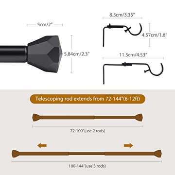 Black Curtain Rod- EUPLAR 1 Inch Window Curtain Rod 72 to 144 Inch Adjustable with Diamond End Finials, Telescoping Metal Single Drapery Rods