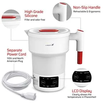 Liberty Premium Portable Travel Electric Kettle Foldable BPA-Free Silicone Collapsible, Temperature Display 6 Preset Functions, Auto Shut-Off, Bottle Warmer, Hot Water Boiler