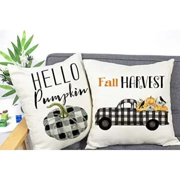 4TH Emotion Fall Pumpkin Pillow Covers 18x18 Set of 4 Farmhouse Autumn Thanksgiving Decorations Buffalo Thankful Cushion Case for Sofa Couch