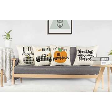 4TH Emotion Fall Pumpkin Pillow Covers 18x18 Set of 4 Farmhouse Autumn Thanksgiving Decorations Buffalo Thankful Cushion Case for Sofa Couch