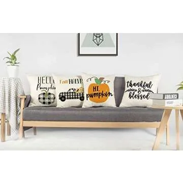 4TH Emotion Fall Pumpkin Pillow Covers 18x18 Set of 4 Farmhouse Autumn Thanksgiving Decorations Buffalo Thankful Cushion Case for Sofa Couch