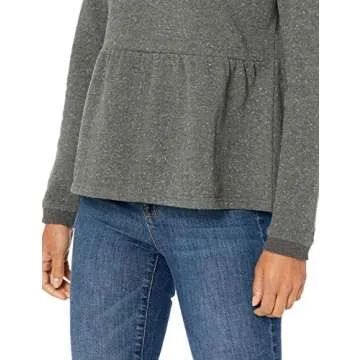 Goodthreads Women's Heritage Fleece Long Sleeve Crewneck Cropped Peplum Sweatshirt, Charcoal/White, X-Small
