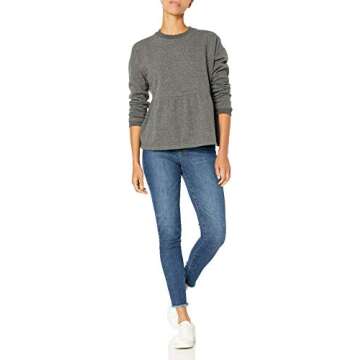Goodthreads Women's Heritage Fleece Long Sleeve Crewneck Cropped Peplum Sweatshirt, Charcoal/White, X-Small
